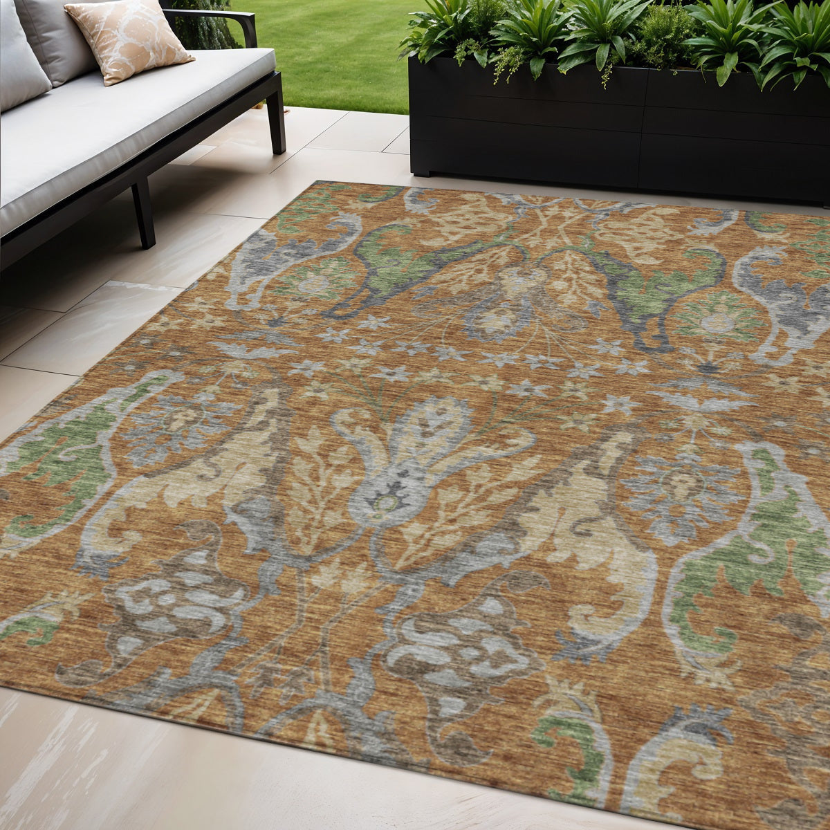 5 X 8 Copper Green And Beige Floral Washable Indoor Outdoor Area Rug