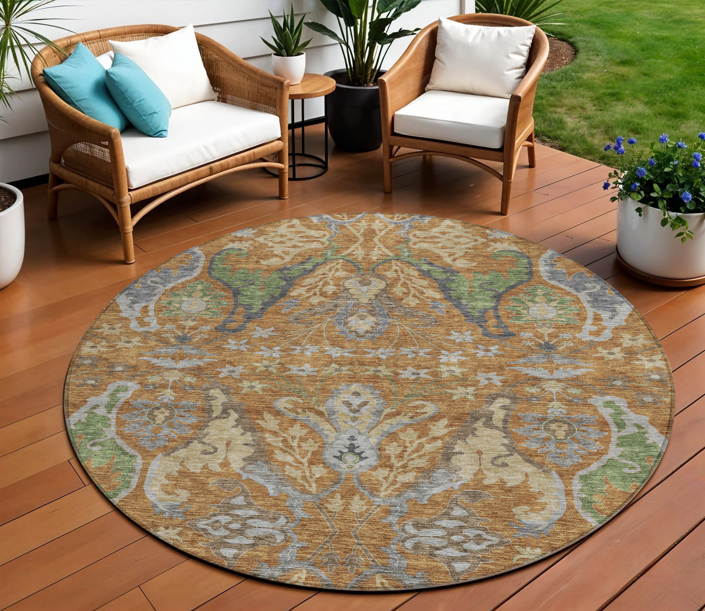 8 Copper Green And Beige Round Floral Washable Indoor Outdoor Area Rug