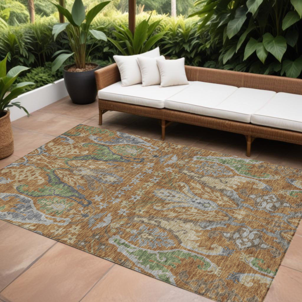 10 X 14 Copper Green And Beige Floral Washable Indoor Outdoor Area Rug