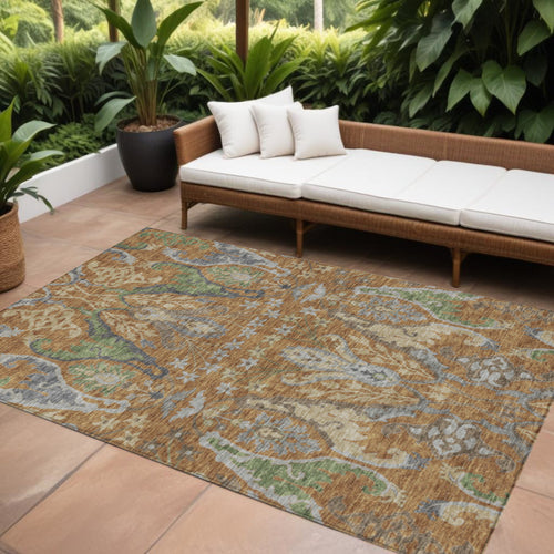 10 X 14 Copper Green And Beige Floral Washable Indoor Outdoor Area Rug