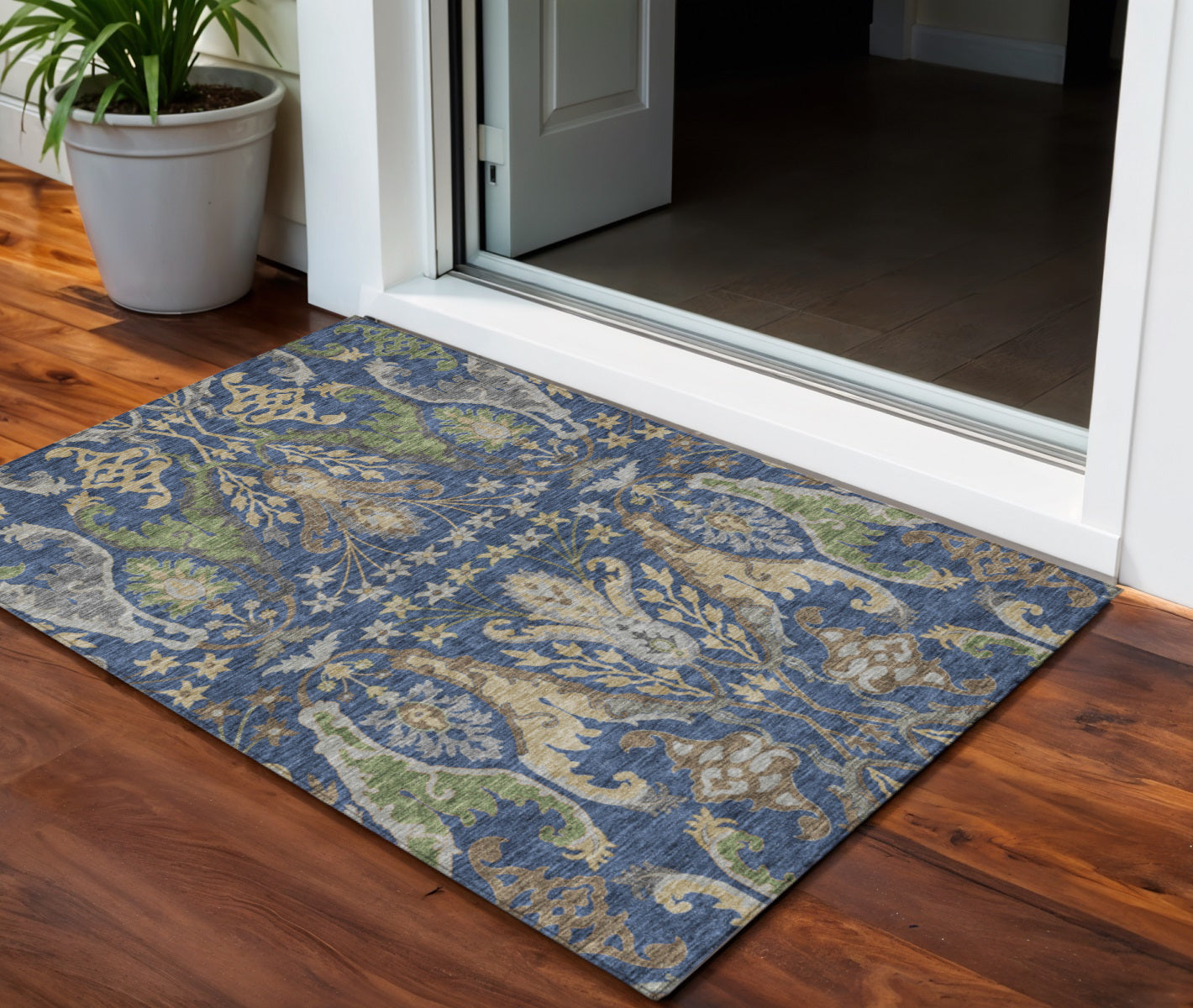 3 X 5 Navy Blue Green And Brown Floral Washable Indoor Outdoor Area Rug