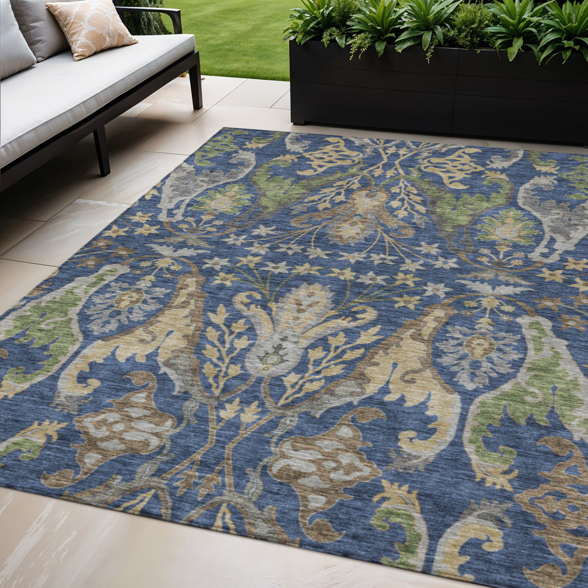 5 X 8 Navy Blue Green And Brown Floral Washable Indoor Outdoor Area Rug
