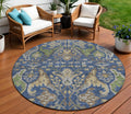 8 Navy Blue Green And Brown Round Floral Washable Indoor Outdoor Area Rug