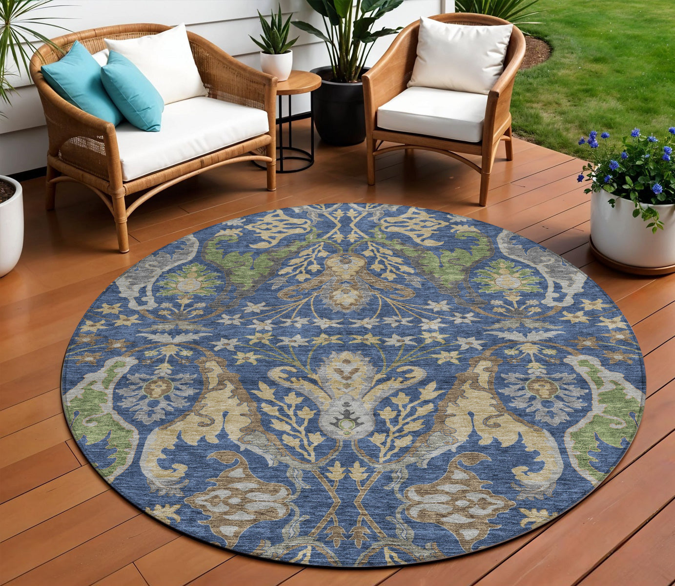 8 Navy Blue Green And Brown Round Floral Washable Indoor Outdoor Area Rug