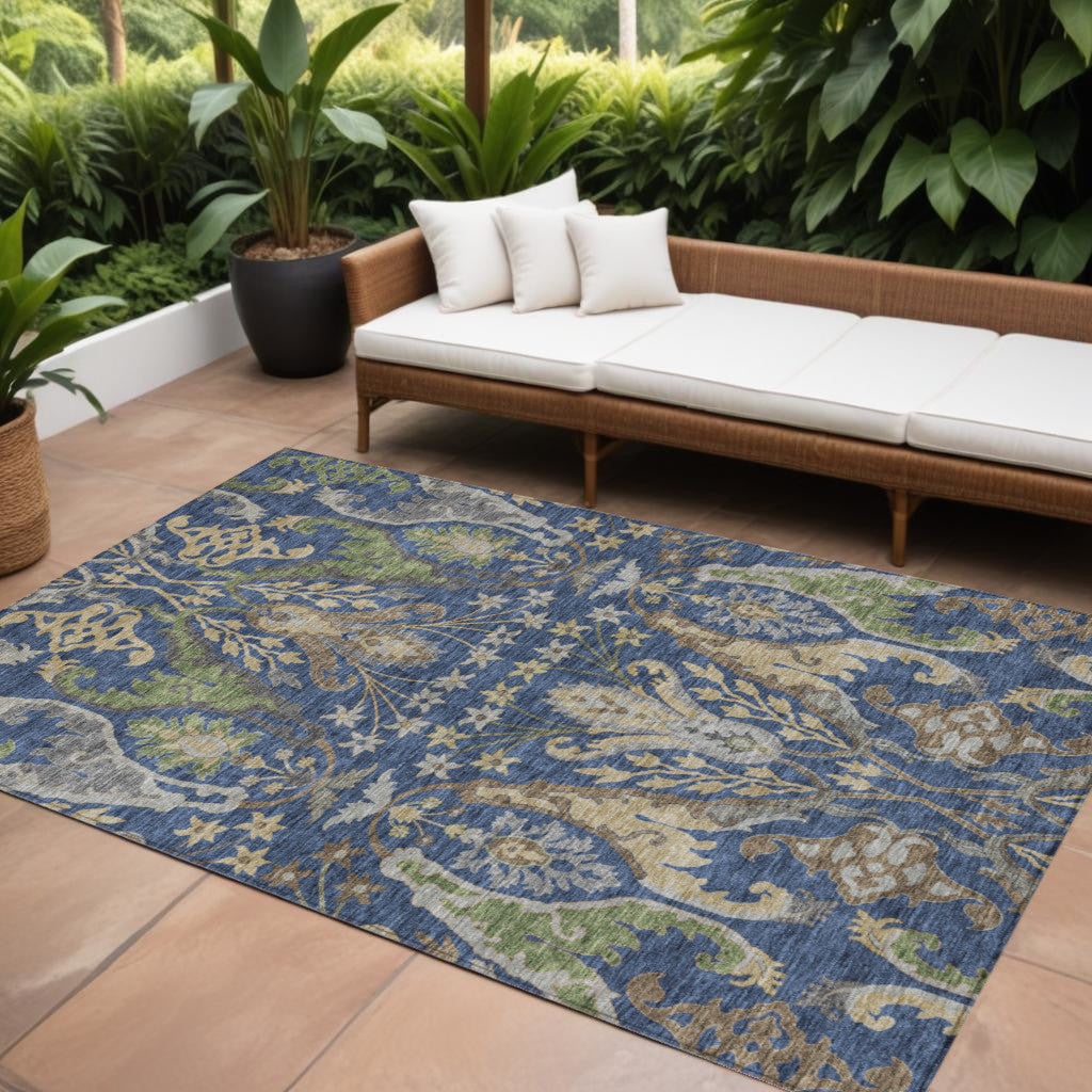 9 X 12 Navy Blue Green And Brown Floral Washable Indoor Outdoor Area Rug