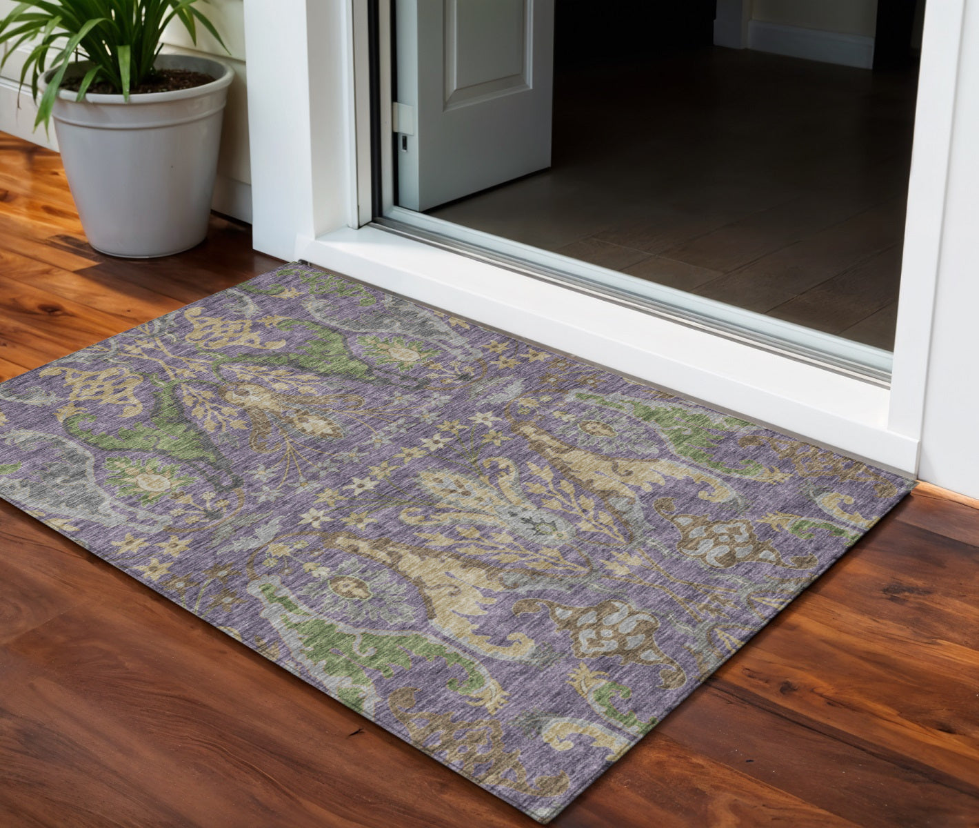 3 X 5 Purple Green And Brown Floral Washable Indoor Outdoor Area Rug
