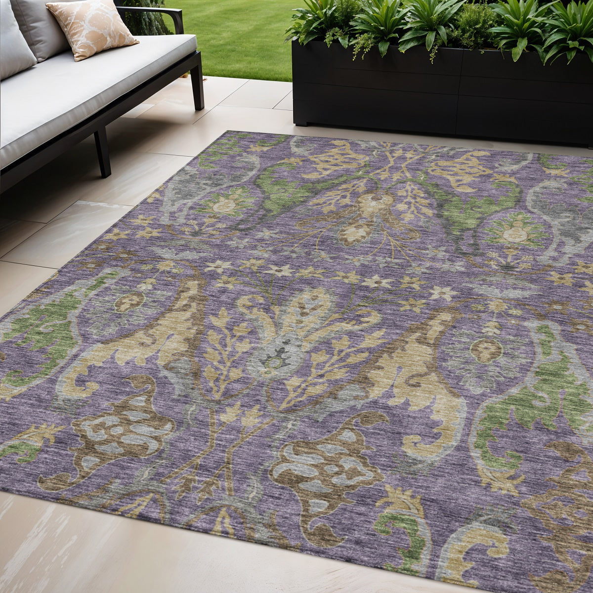 5 X 8 Purple Green And Brown Floral Washable Indoor Outdoor Area Rug