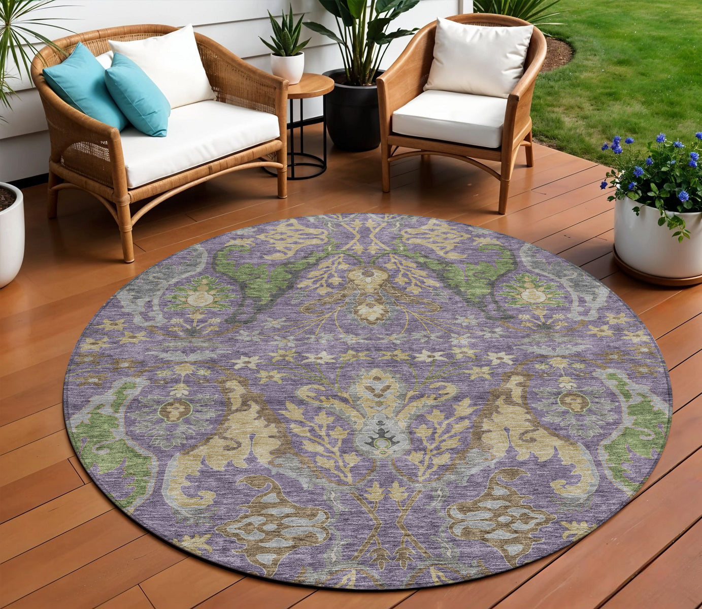 8 Purple Green And Brown Round Floral Washable Indoor Outdoor Area Rug