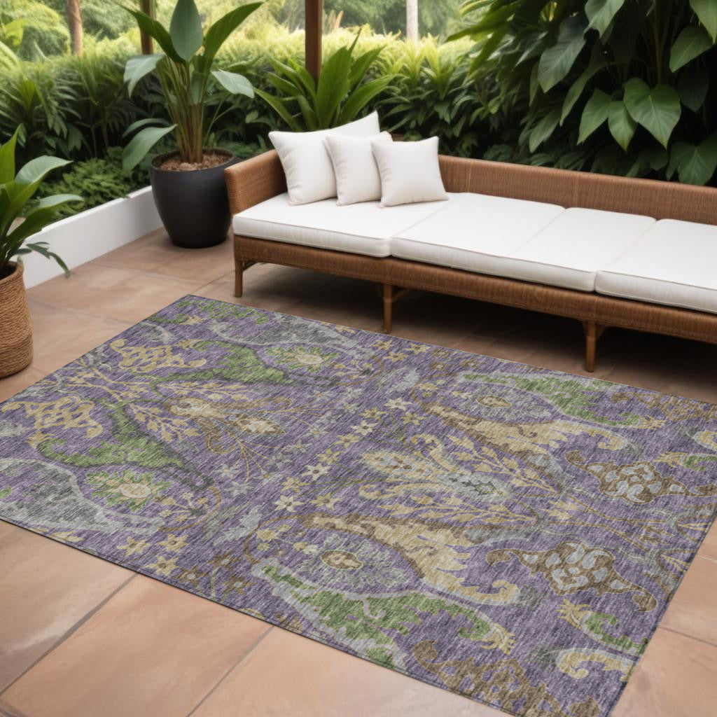 10 X 14 Purple Green And Brown Floral Washable Indoor Outdoor Area Rug
