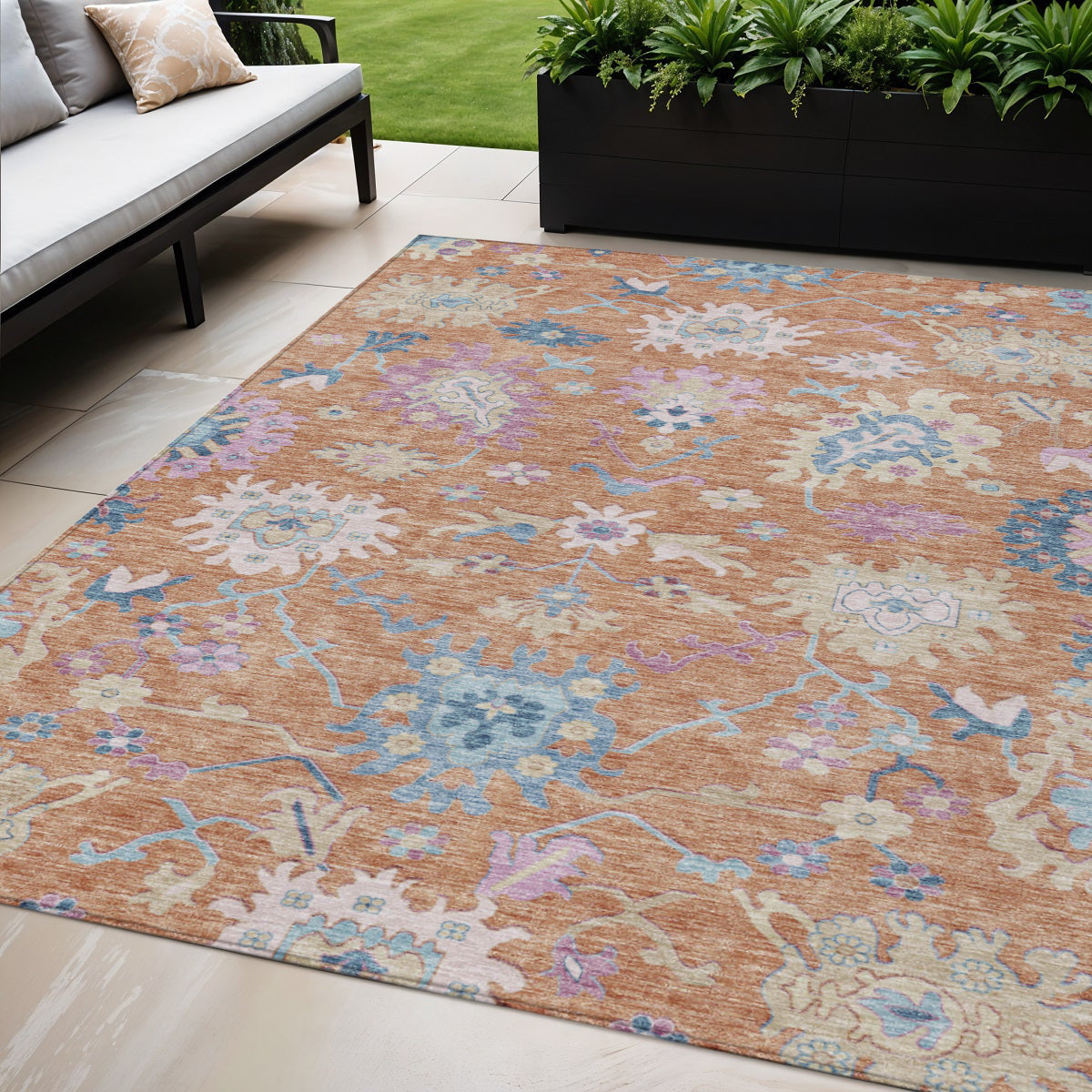 5 X 8 Orange Pink And Denim Blue Floral Washable Indoor Outdoor Area Rug