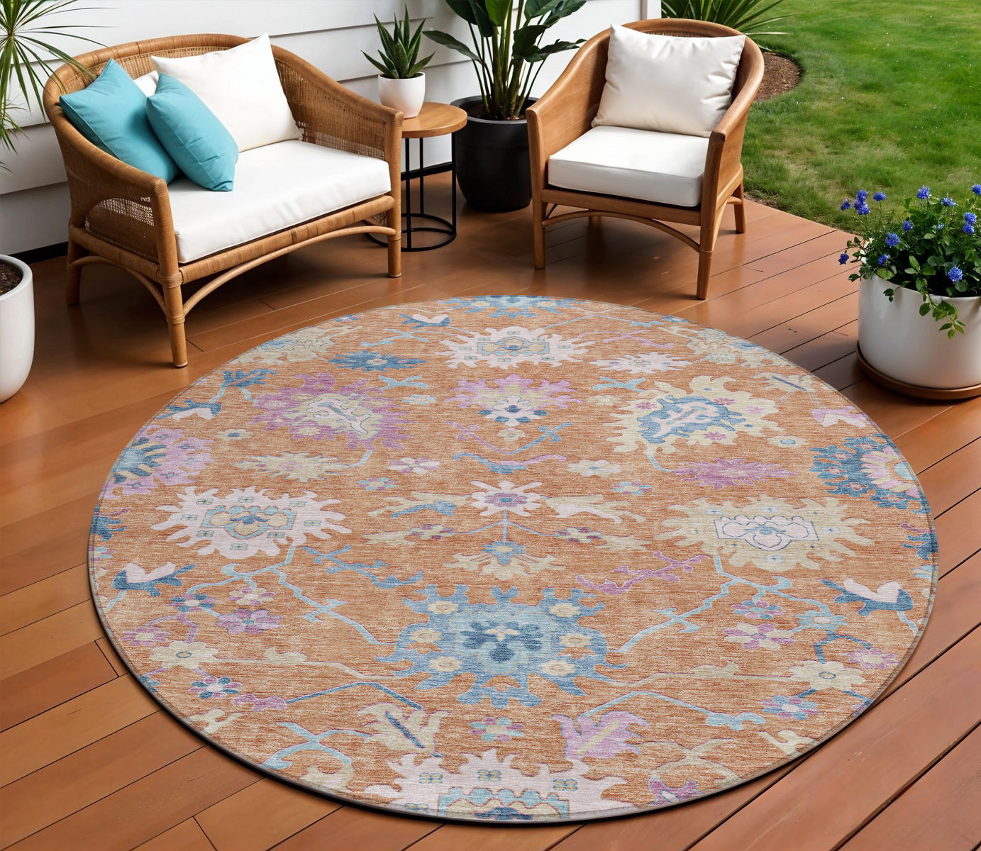 8 Orange Pink And Denim Blue Round Floral Washable Indoor Outdoor Area Rug