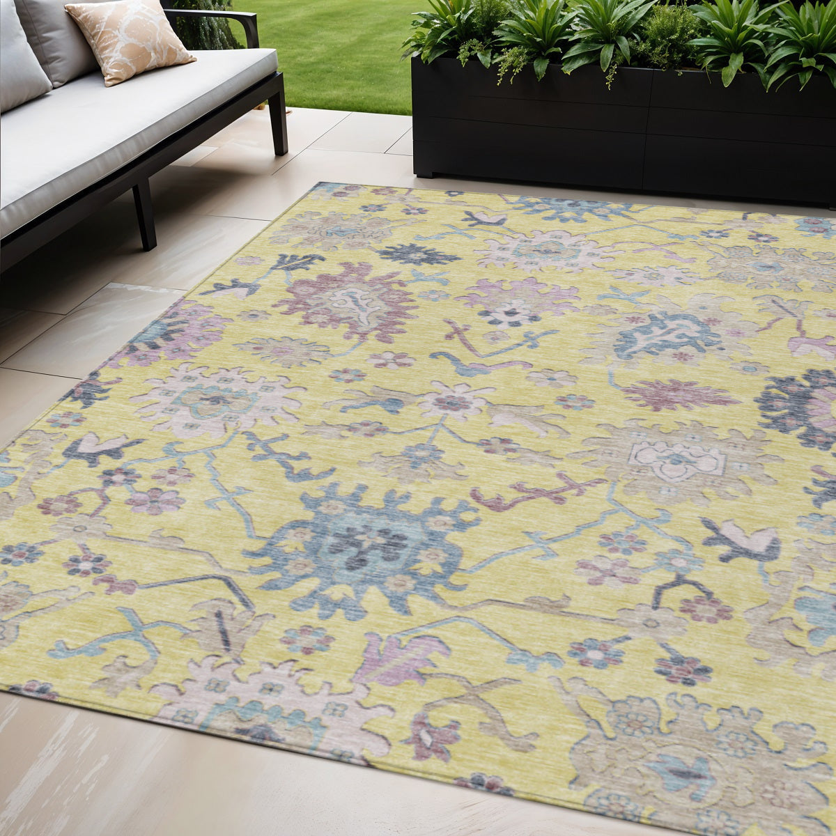 5 X 8 Yellow Lavender And Denim Blue Floral Washable Indoor Outdoor Area Rug