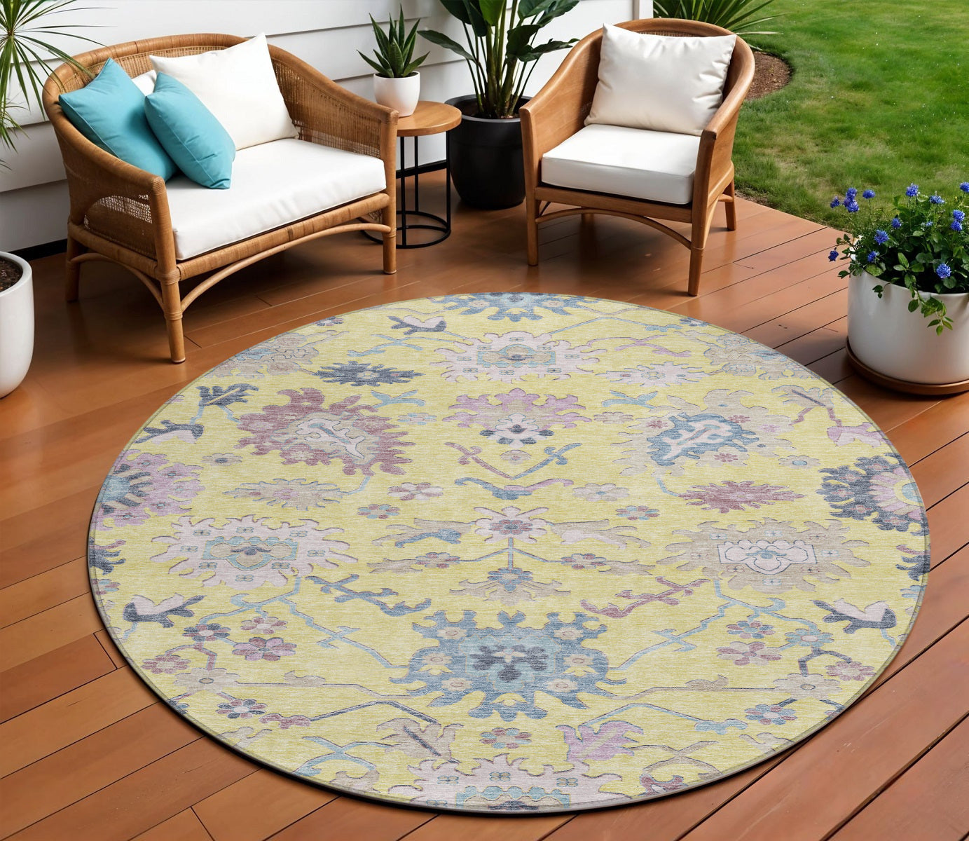8 Yellow Lavender And Denim Blue Round Floral Washable Indoor Outdoor Area Rug