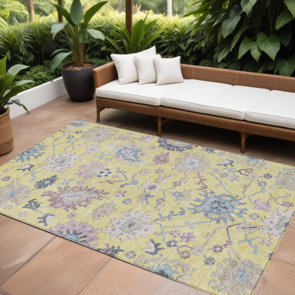 9 X 12 Yellow Lavender And Denim Blue Floral Washable Indoor Outdoor Area Rug