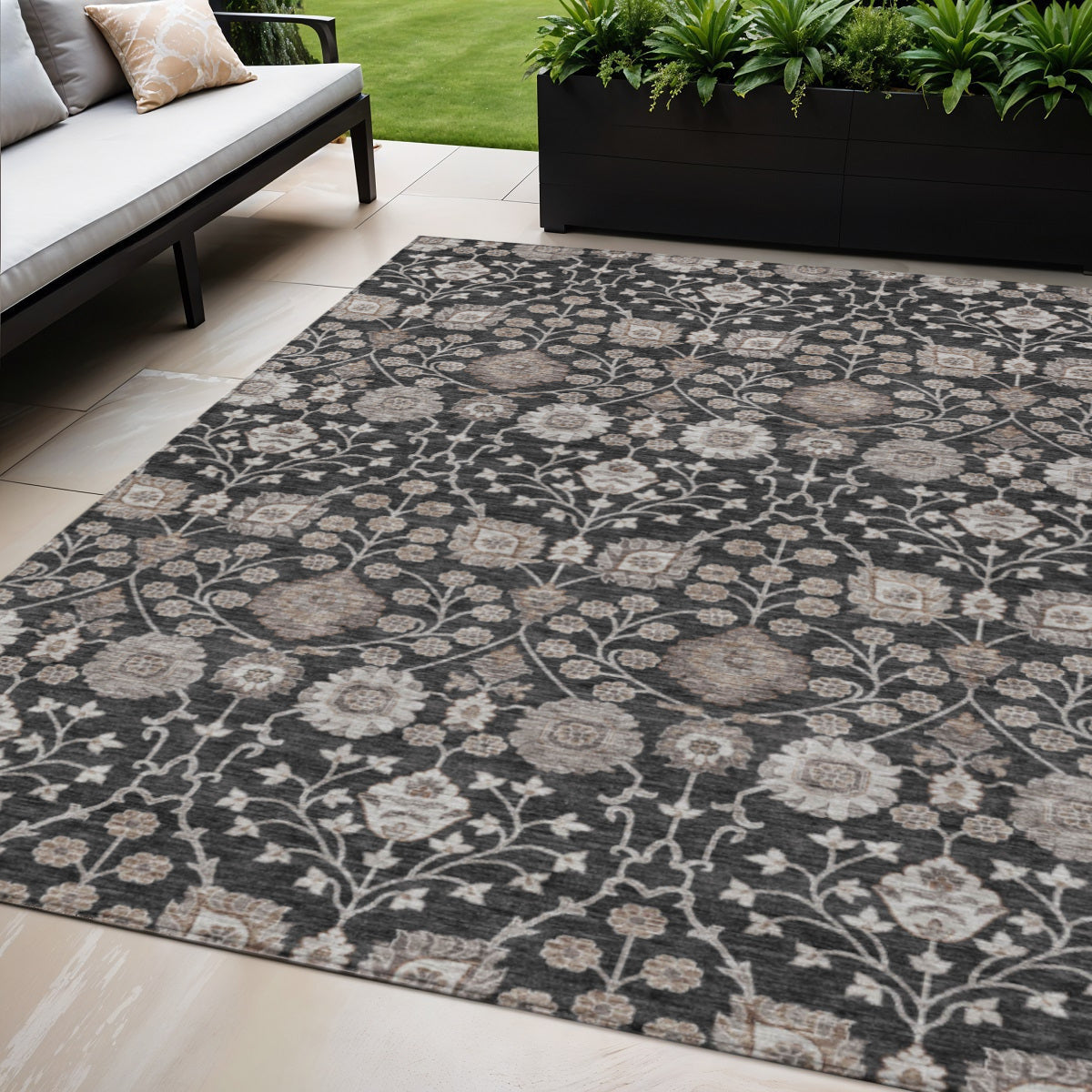5 X 8 Black Brown And Beige Floral Washable Indoor Outdoor Area Rug