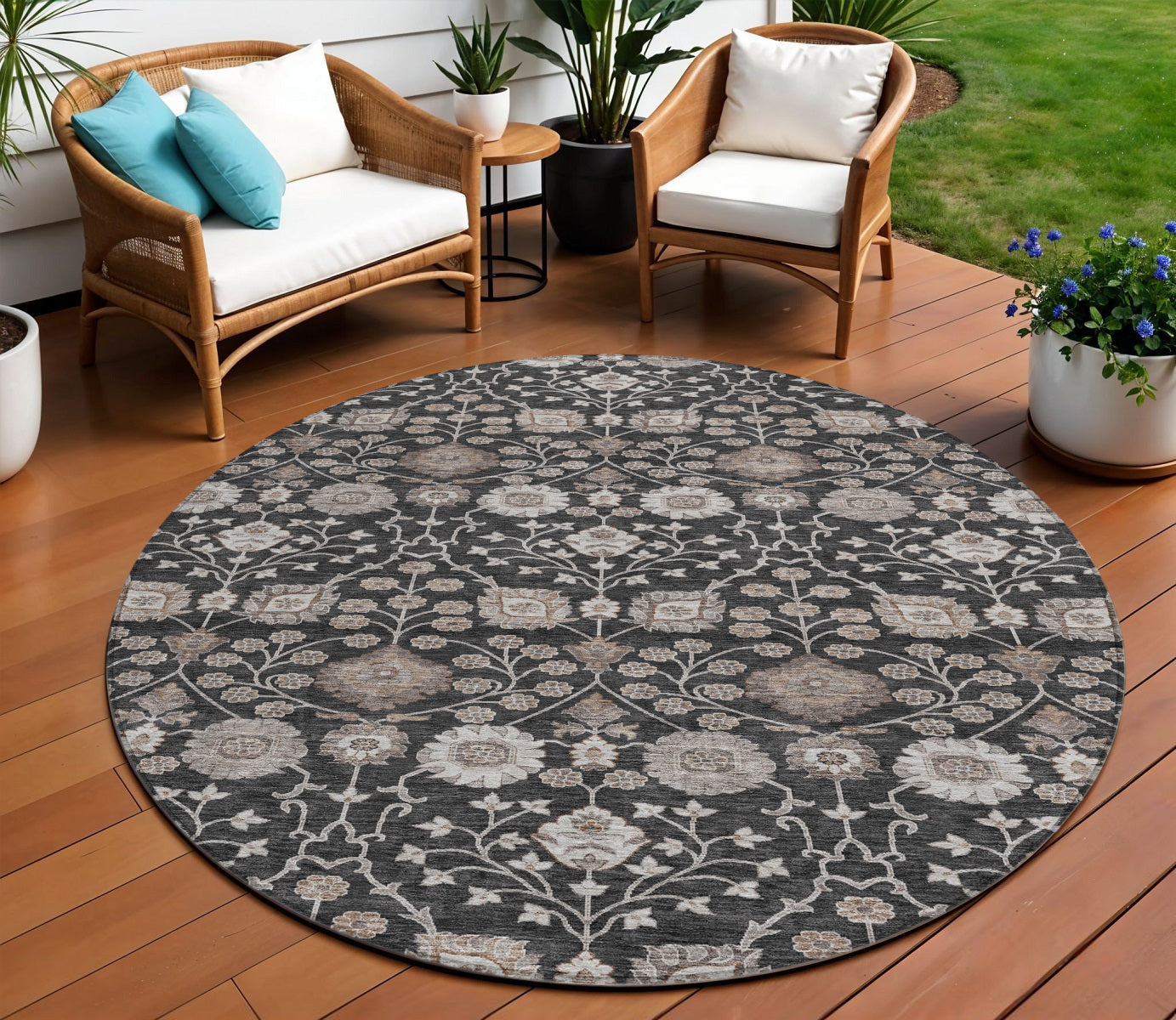 8 Black Brown And Beige Round Floral Washable Indoor Outdoor Area Rug