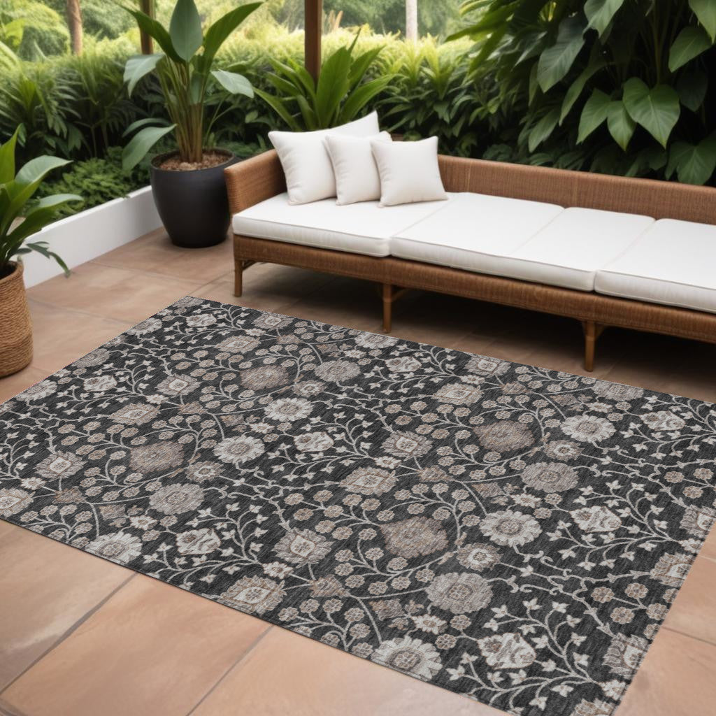 8 X 10 Black Brown And Beige Floral Washable Indoor Outdoor Area Rug