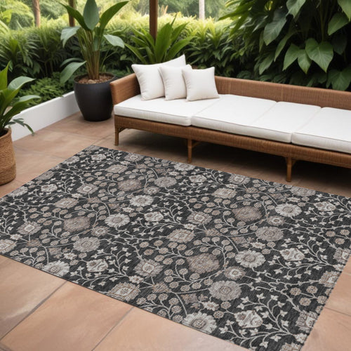 10 X 14 Black Brown And Beige Floral Washable Indoor Outdoor Area Rug