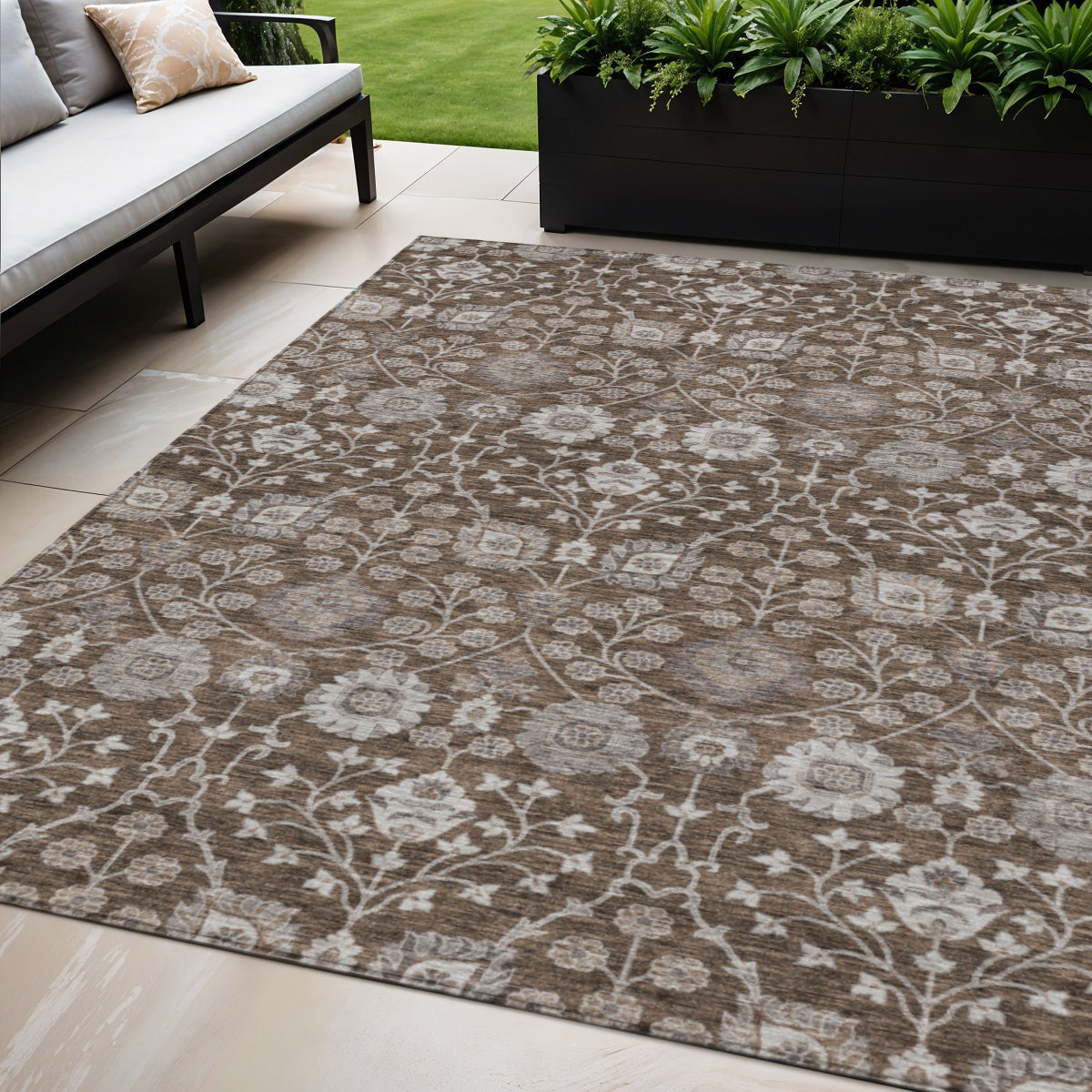 5 X 8 Chocolate Beige And Gray Floral Washable Indoor Outdoor Area Rug