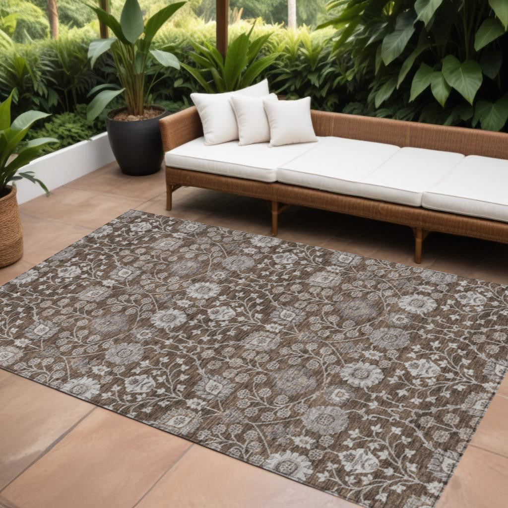 8 X 10 Chocolate Beige And Gray Floral Washable Indoor Outdoor Area Rug