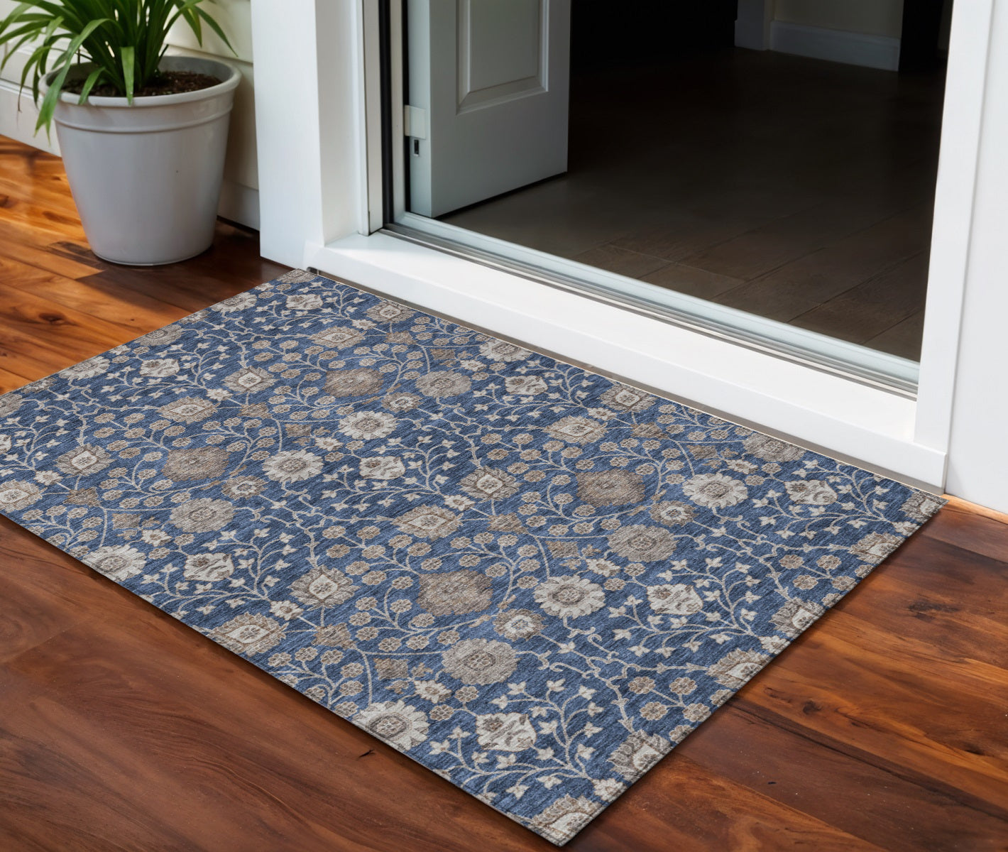 3 X 5 Navy Blue Brown And Beige Floral Washable Indoor Outdoor Area Rug
