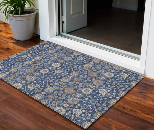 3 X 5 Navy Blue Brown And Beige Floral Washable Indoor Outdoor Area Rug