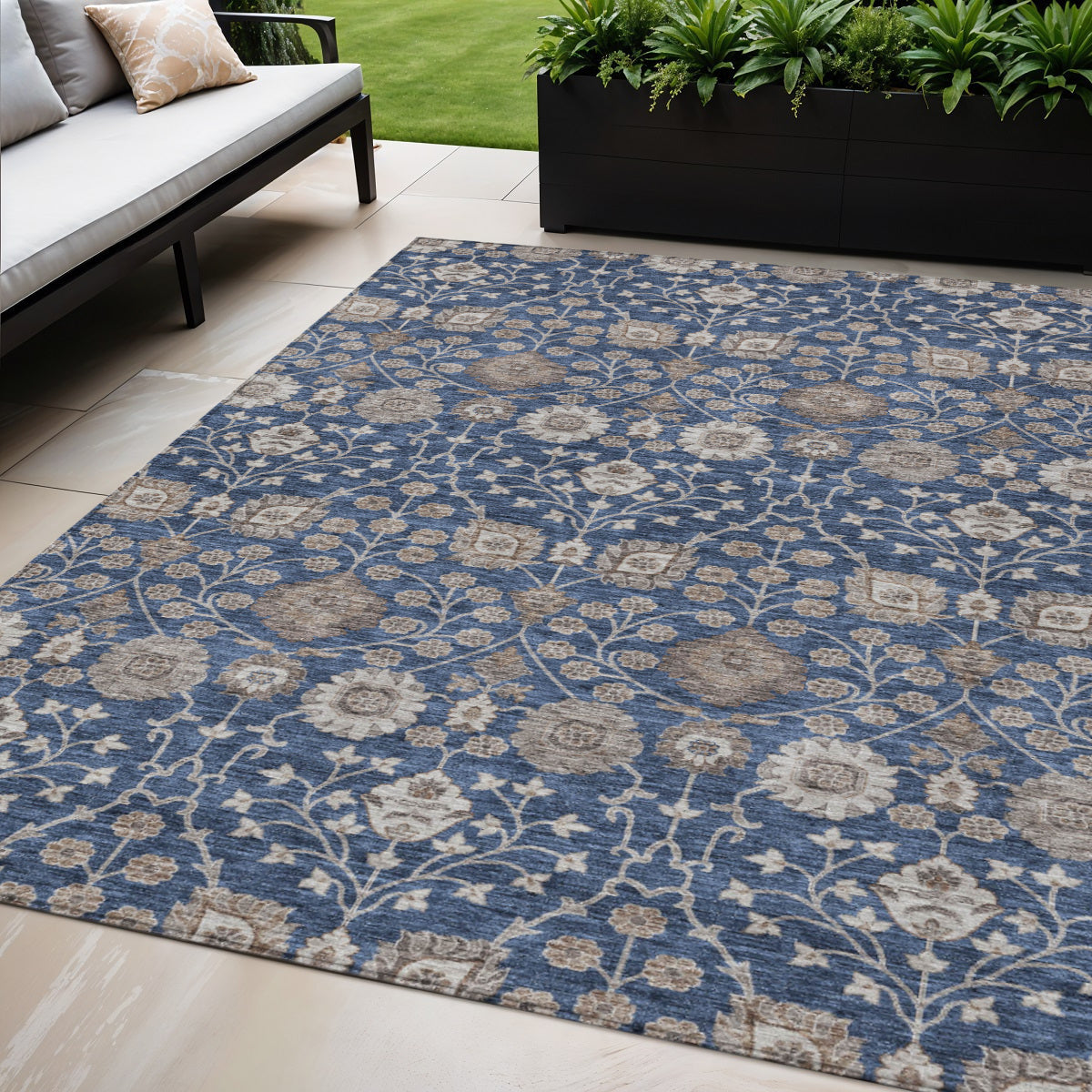 5 X 8 Navy Blue Brown And Beige Floral Washable Indoor Outdoor Area Rug