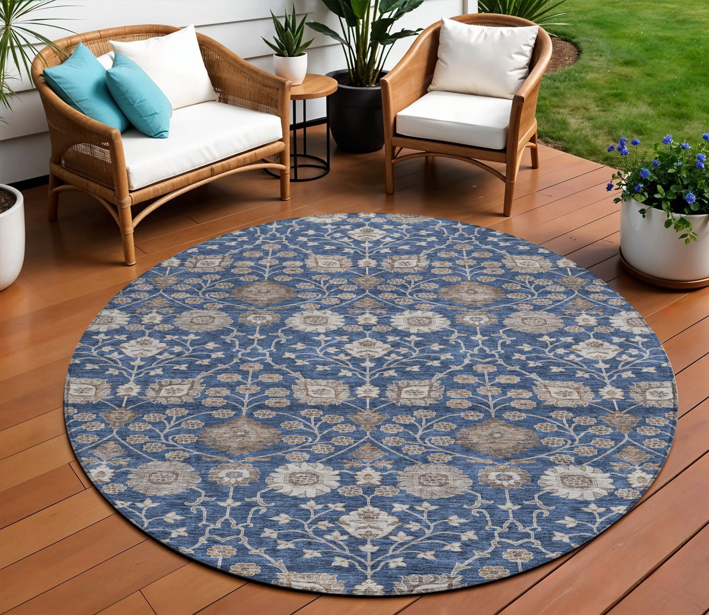 8 Navy Blue Brown And Beige Round Floral Washable Indoor Outdoor Area Rug
