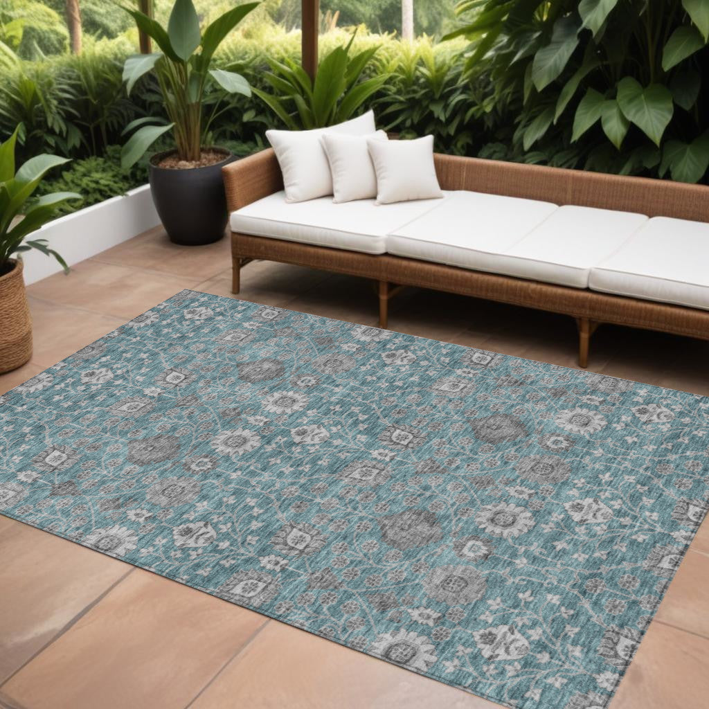 9 X 12 Teal Blue Gray And Charcoal Floral Washable Indoor Outdoor Area Rug