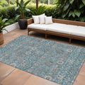 10 X 14 Teal Blue Gray And Charcoal Floral Washable Indoor Outdoor Area Rug