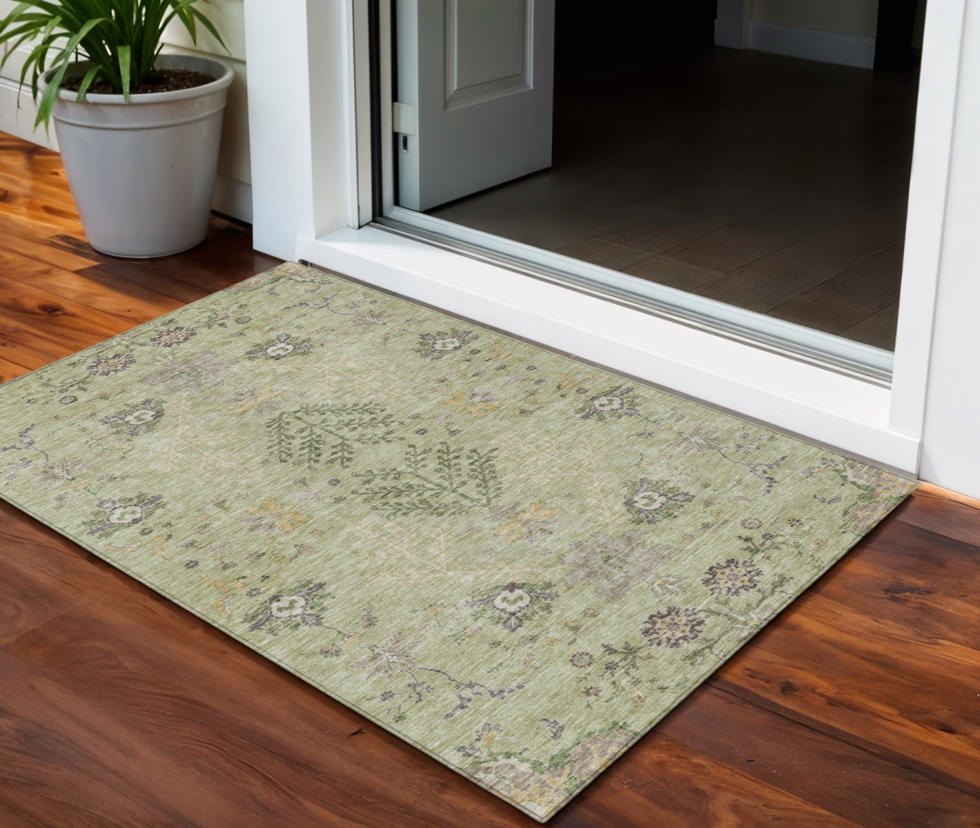 3 X 5 Artichoke Green Brown And Beige Floral Washable Indoor Outdoor Area Rug