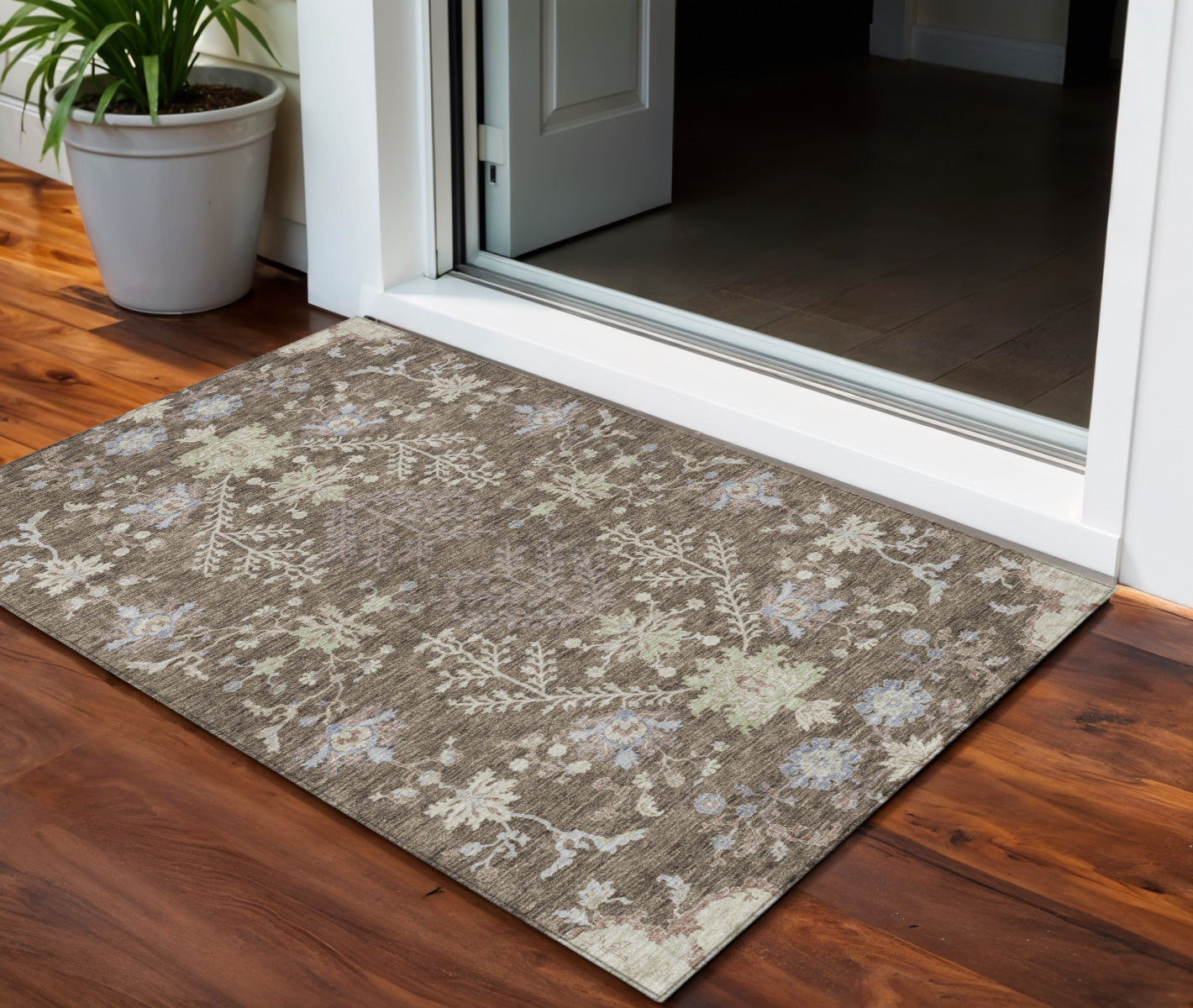 3 X 5 Brown Beige And Green Floral Washable Indoor Outdoor Area Rug