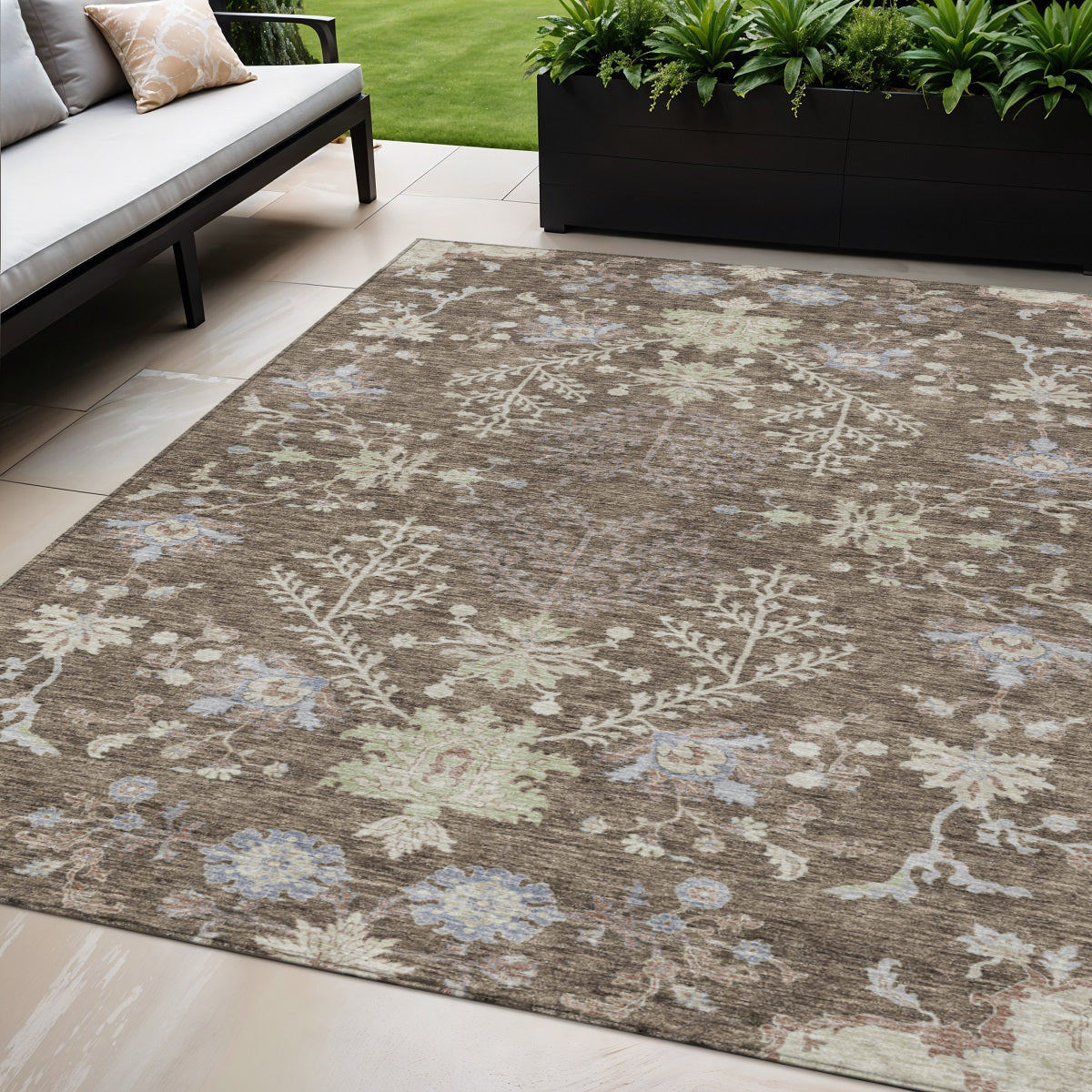 5 X 8 Brown Beige And Green Floral Washable Indoor Outdoor Area Rug