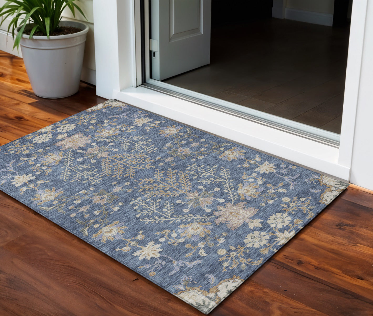 3 X 5 Blue Brown And Beige Floral Washable Indoor Outdoor Area Rug