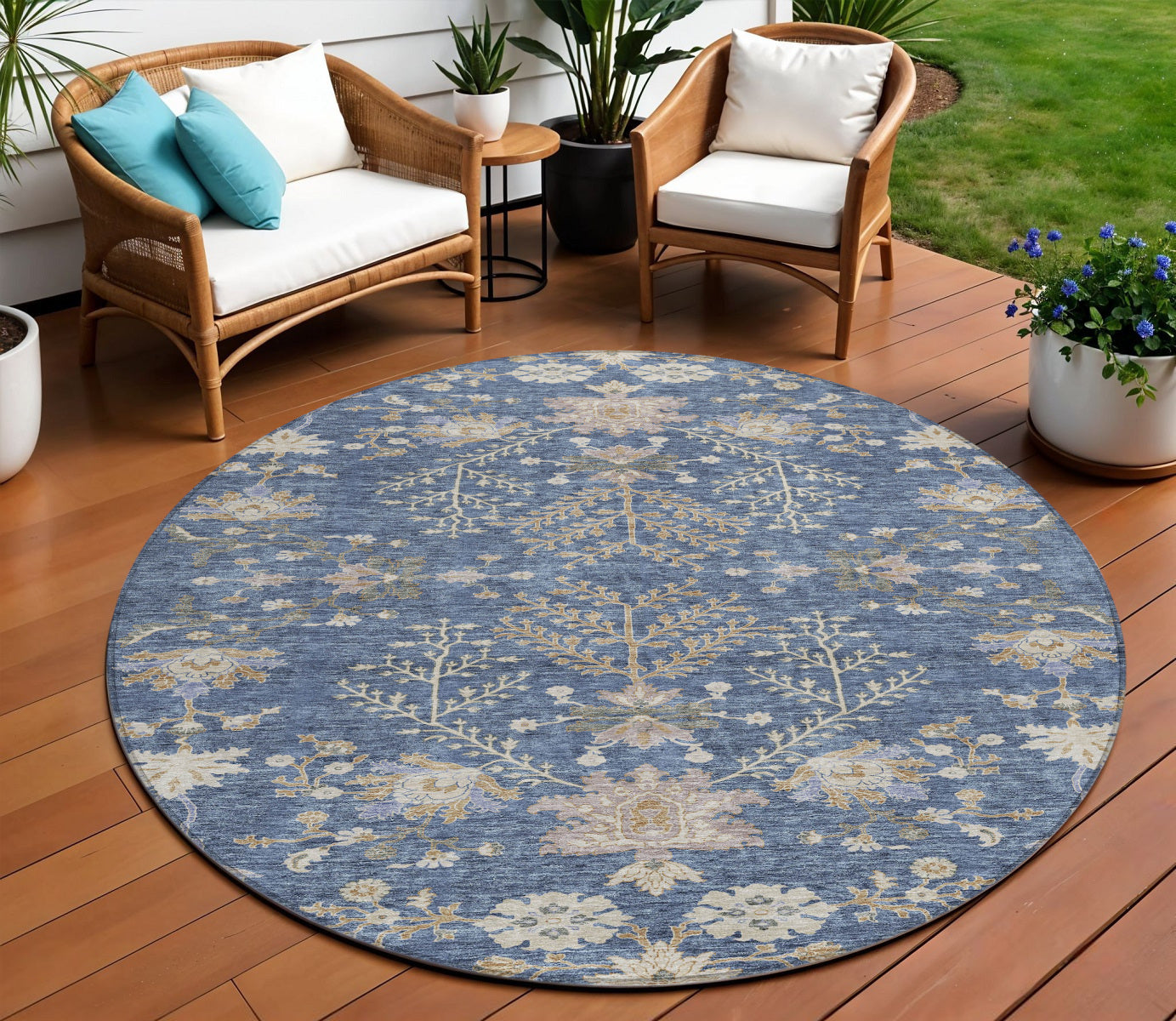 8 Blue Brown And Beige Round Floral Washable Indoor Outdoor Area Rug