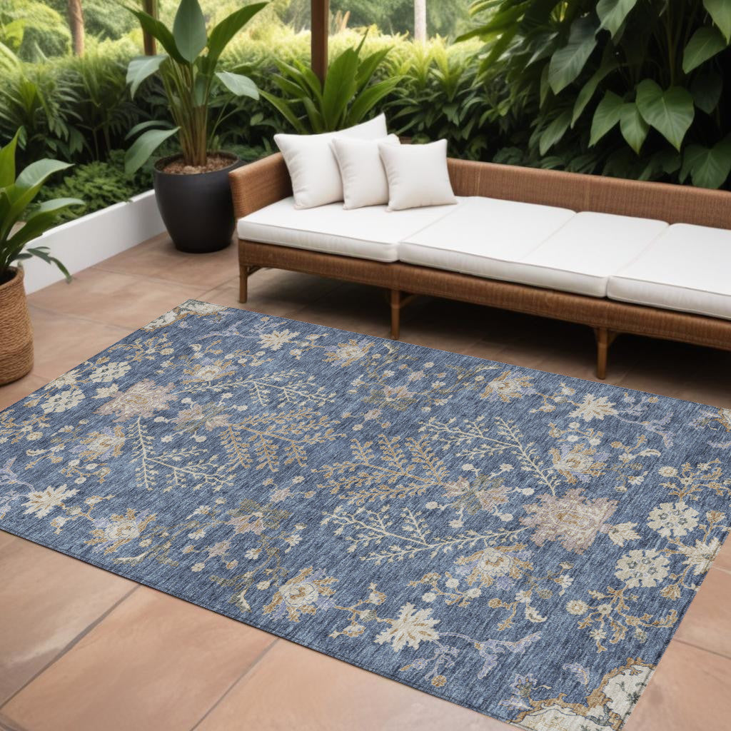 10 X 14 Blue Brown And Beige Floral Washable Indoor Outdoor Area Rug