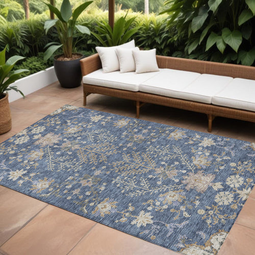 10 X 14 Blue Brown And Beige Floral Washable Indoor Outdoor Area Rug