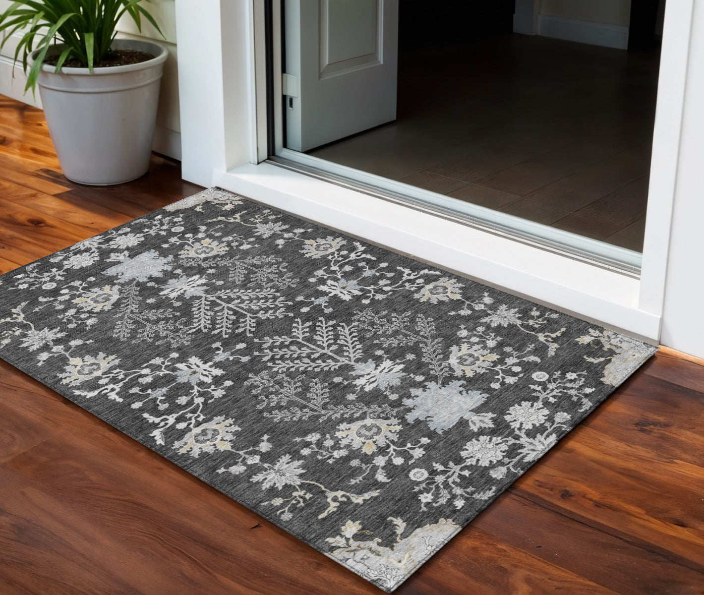 3 X 5 Charcoal Gray And Beige Floral Washable Indoor Outdoor Area Rug
