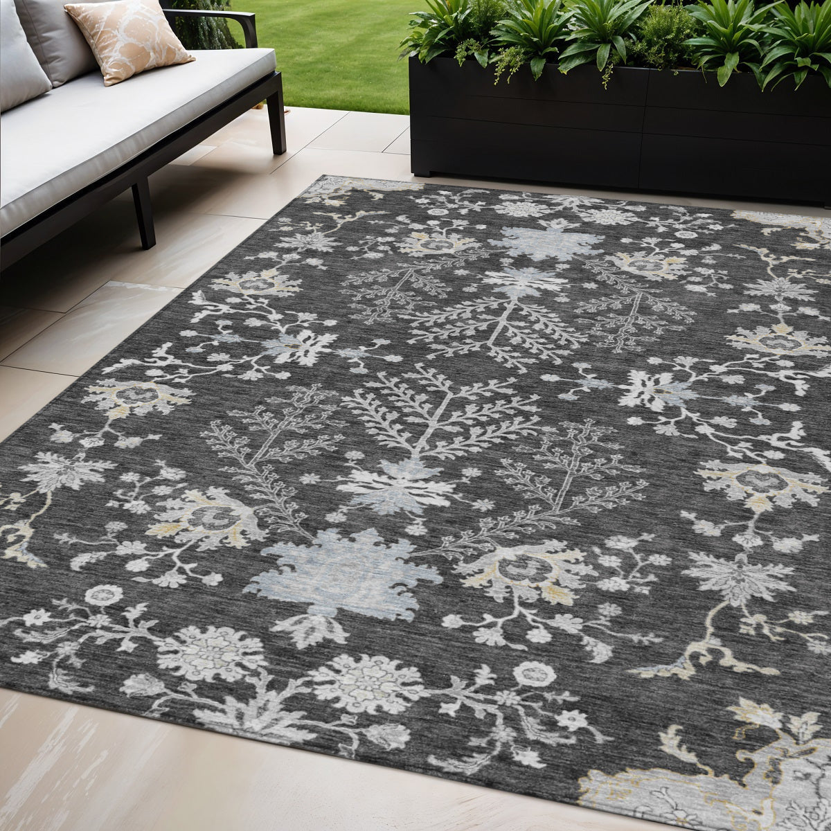 5 X 8 Charcoal Gray And Beige Floral Washable Indoor Outdoor Area Rug