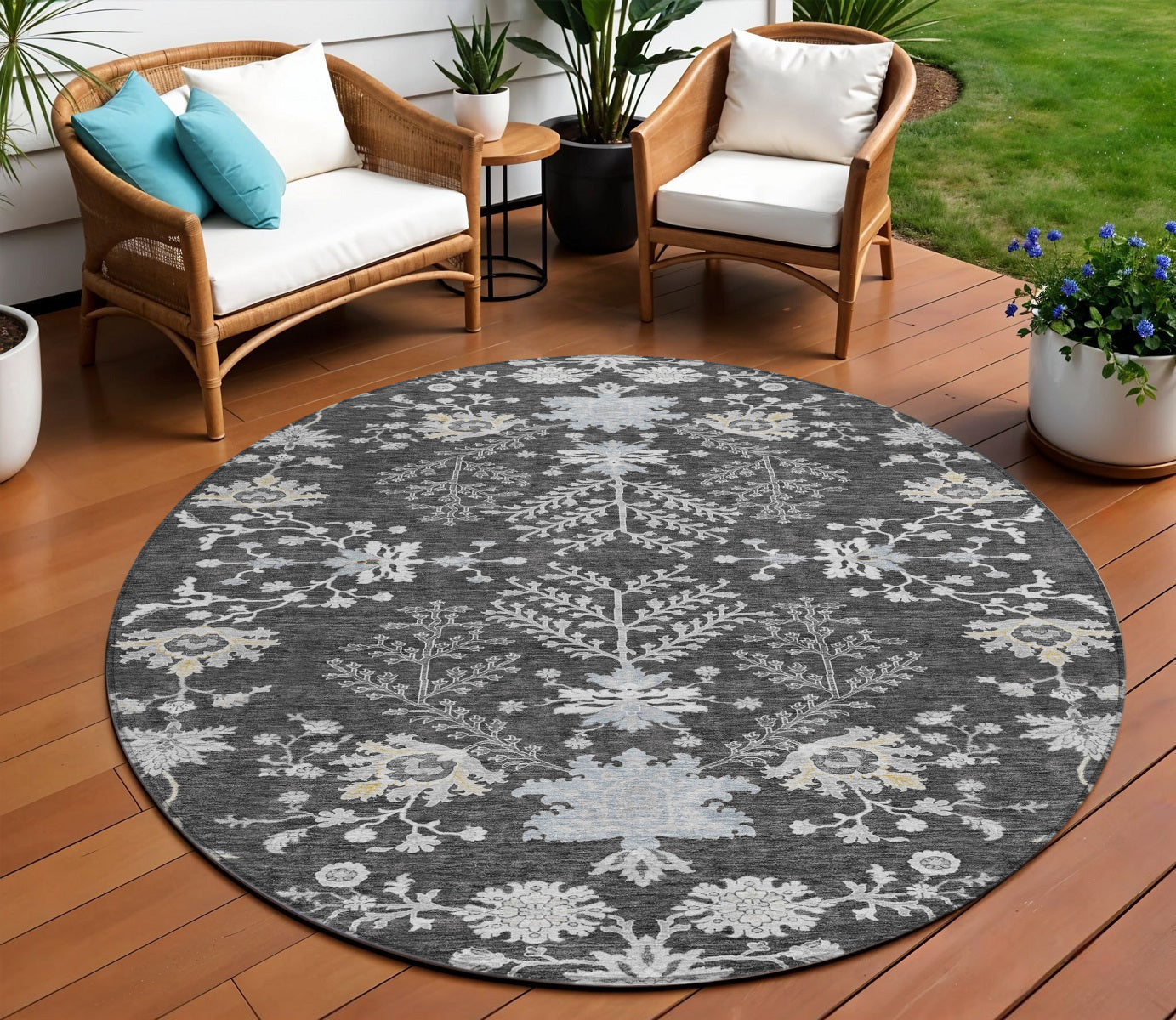 8 Charcoal Gray And Beige Round Floral Washable Indoor Outdoor Area Rug