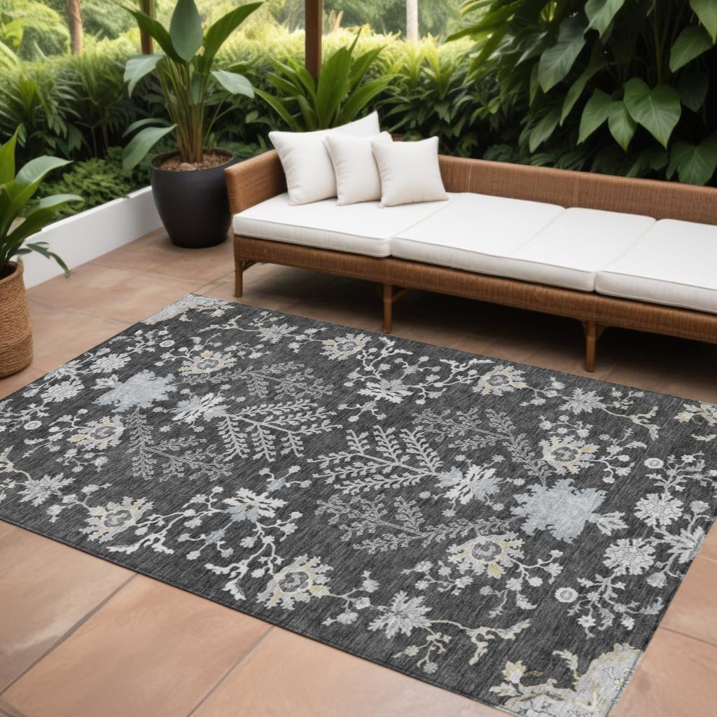 9 X 12 Charcoal Gray And Beige Floral Washable Indoor Outdoor Area Rug