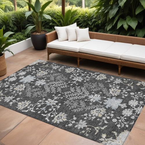 10 X 14 Charcoal Gray And Beige Floral Washable Indoor Outdoor Area Rug