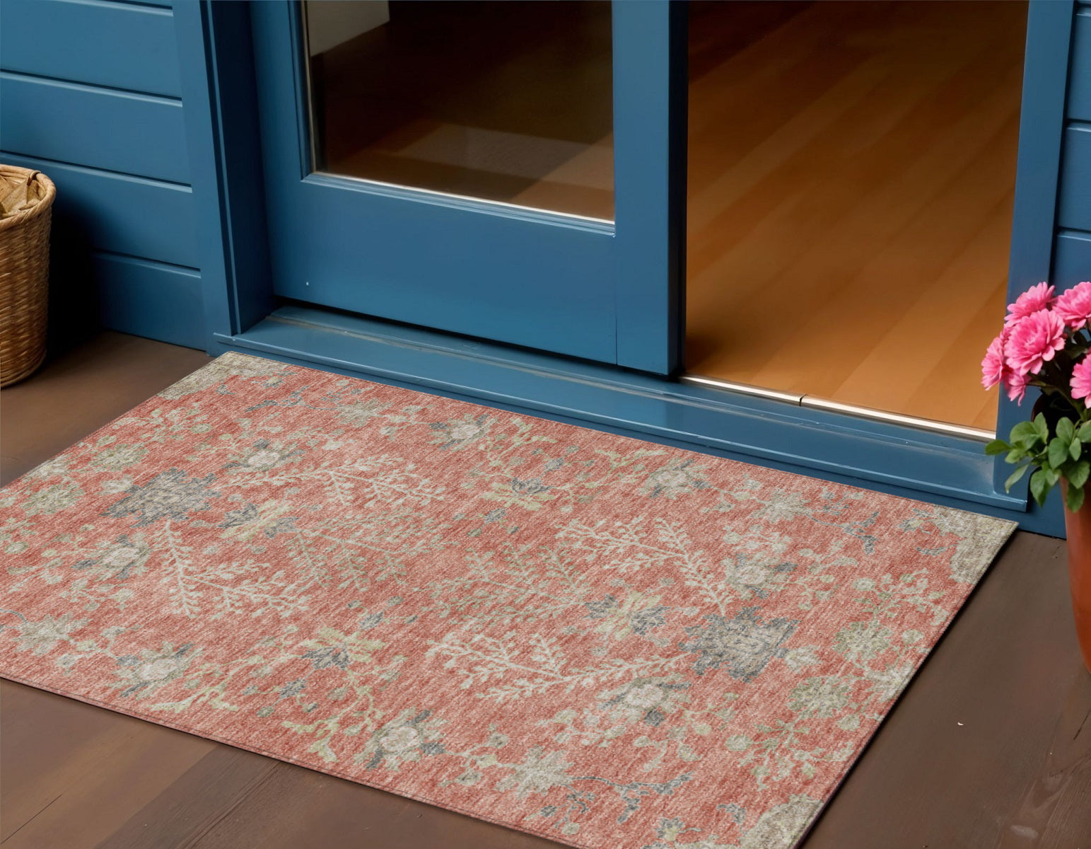 3 X 5 Coral Charcoal And Gray Floral Washable Indoor Outdoor Area Rug