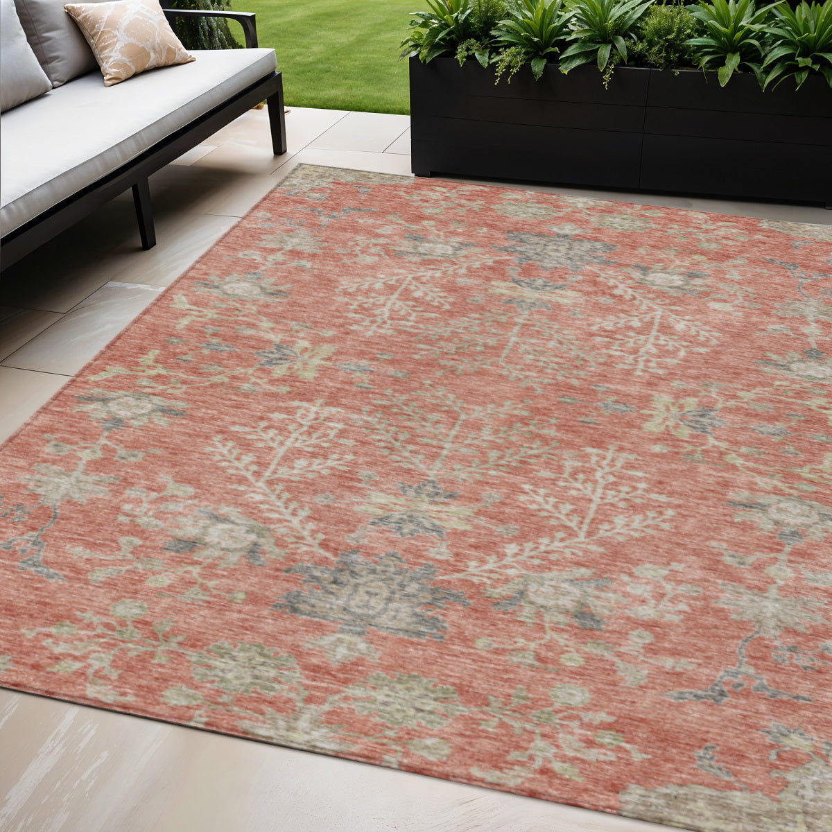 5 X 8 Coral Charcoal And Gray Floral Washable Indoor Outdoor Area Rug