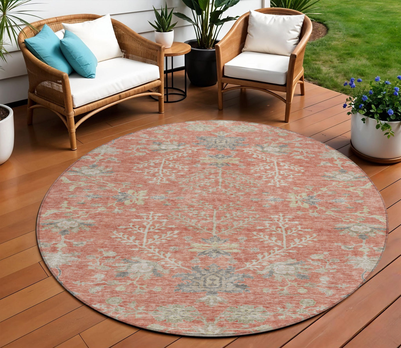 8 Coral Charcoal And Gray Round Floral Washable Indoor Outdoor Area Rug