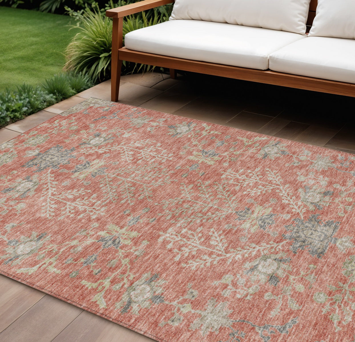 10 X 14 Coral Charcoal And Gray Floral Washable Indoor Outdoor Area Rug