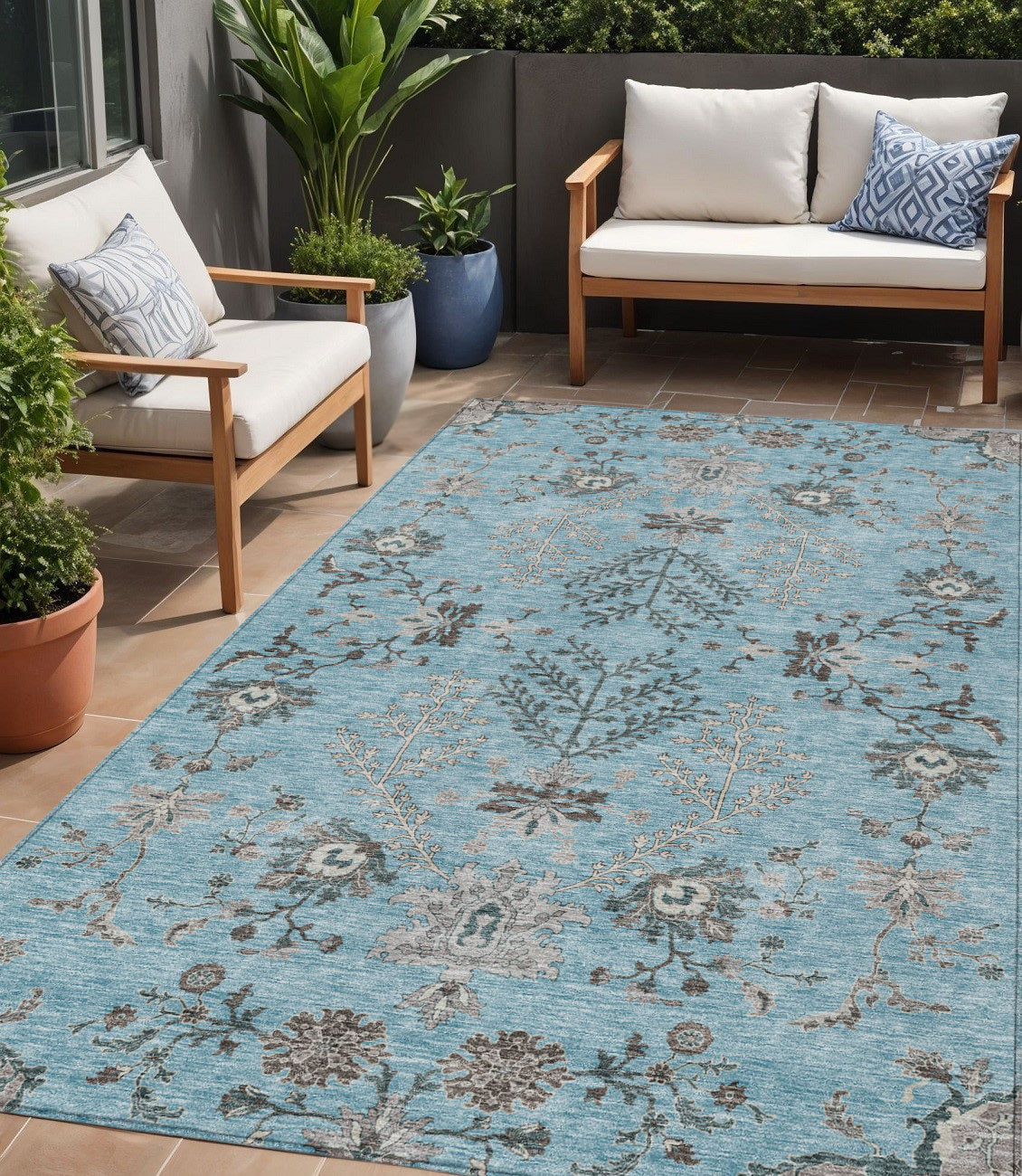 5 X 8 Sky Blue Gray And Charcoal Floral Washable Indoor Outdoor Area Rug