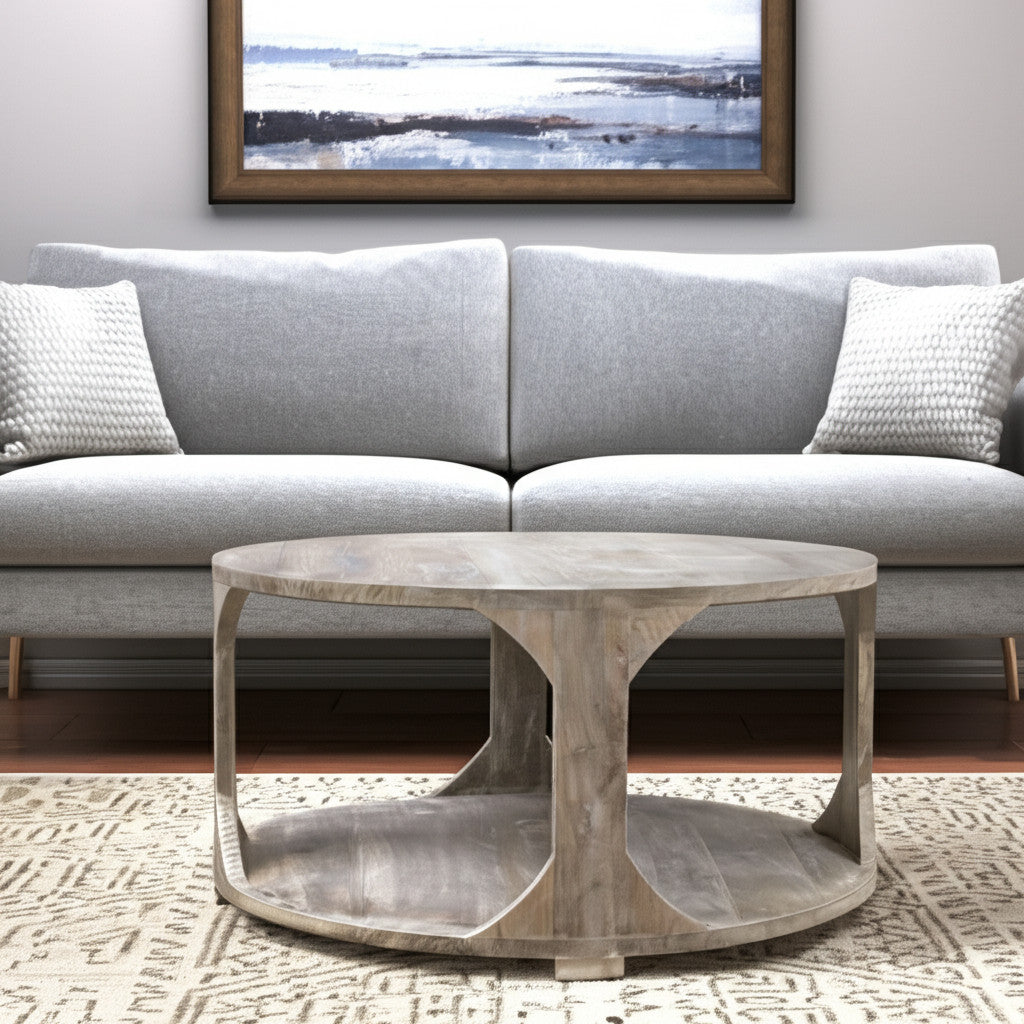 34 Natural Solid Wood Round Distressed Floor Shelf Coffee Table With Shelf
