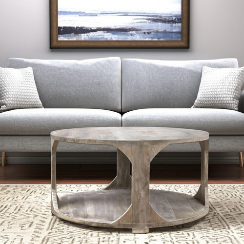 34 Natural Solid Wood Round Distressed Floor Shelf Coffee Table With Shelf