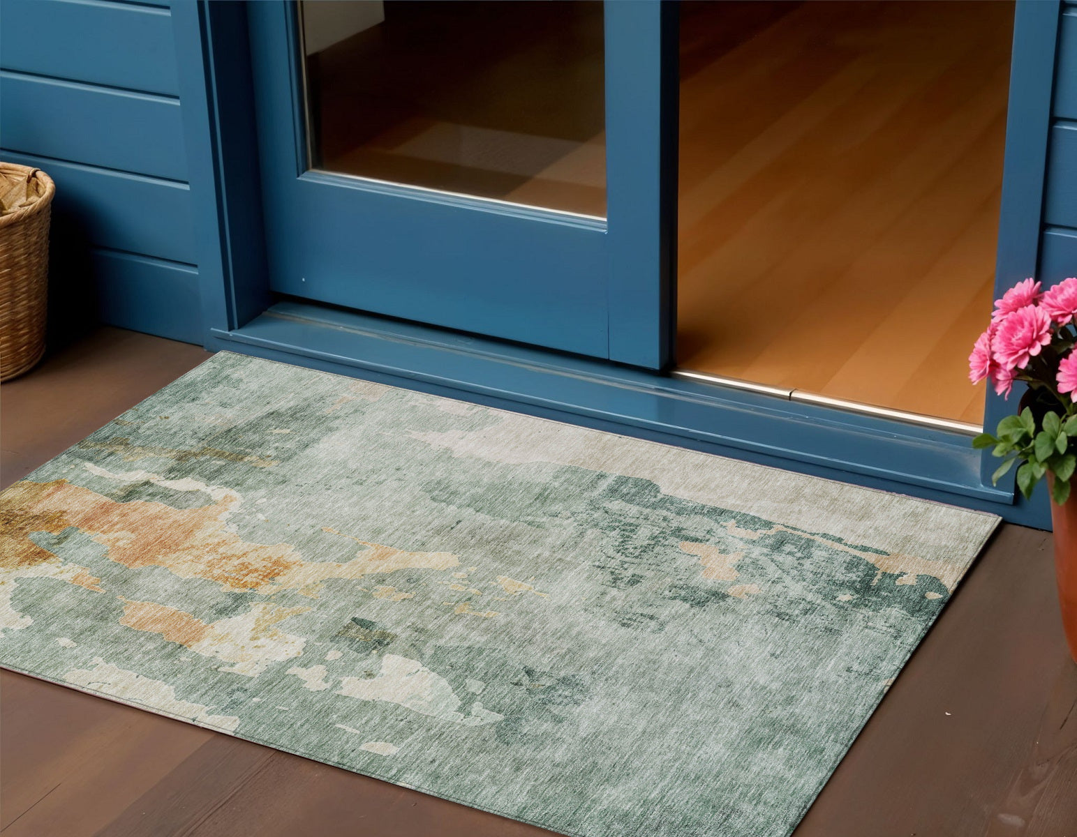 3 X 5 Blue Copper And Gray Abstract Washable Indoor Outdoor Area Rug
